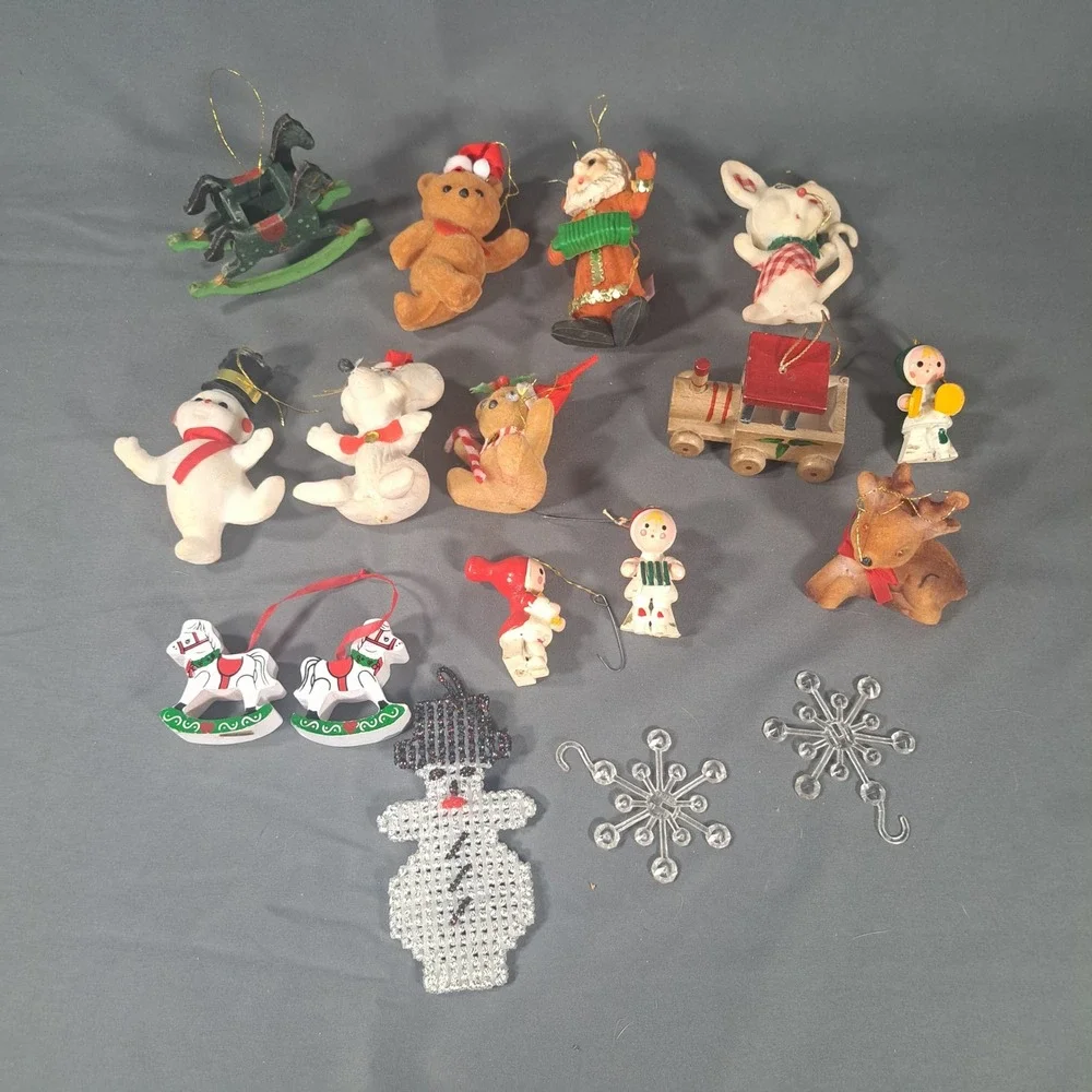 VTG Christmas Ornaments Lot Flocked Wood‎ Bear Santa Rocking Horse Retro Holiday
